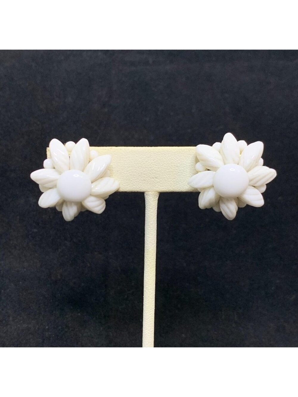 Western Germany Gold Tone And White Milk Glass Floral Screw Back Earrings (2285)